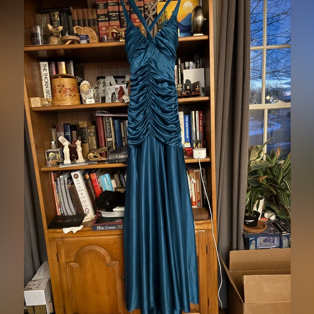 Stunning Teal Satin Gown by B Smart, Perfect for Prom or Special Occasion!